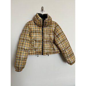 PrettyLittleThing Yellow & Black Plaid Waist Puffer Coat - Size 4